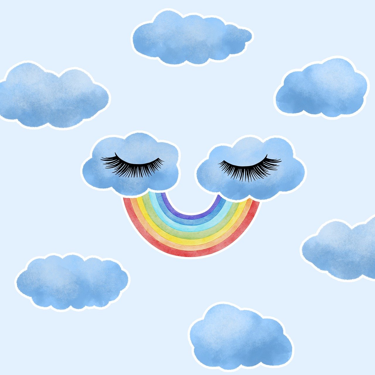 Des yeux fermés dans des nuages reliés par un arc-en-ciel entourés d'autres nuages.